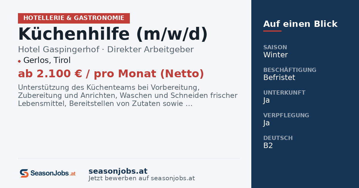 Küchenhilfe (m/w/d) — Gerlos, Tirol