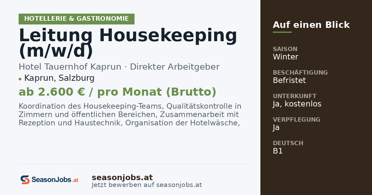 Leitung Housekeeping (m/w/d) — Kaprun, Salzburg