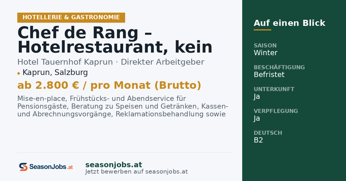 Chef de Rang – Hotelrestaurant, kein À-la-carte (m/w/d) — Kaprun, Salzburg