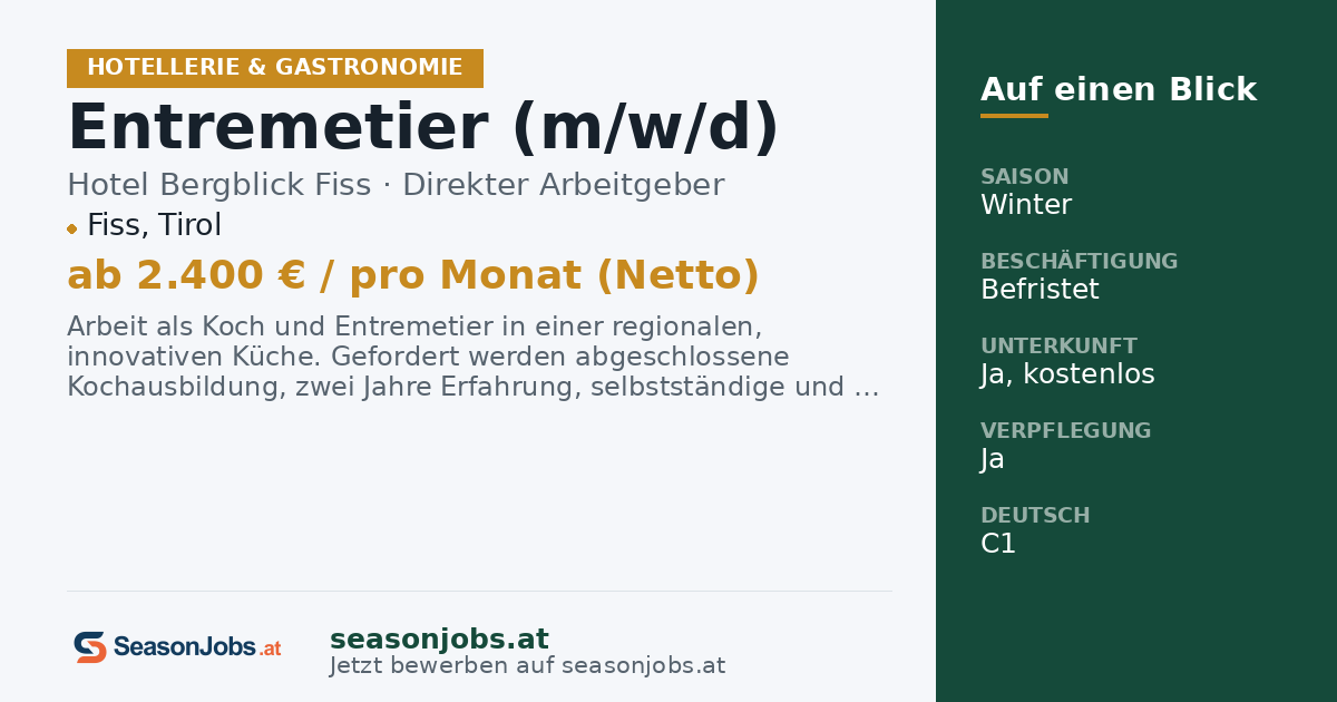 Entremetier (m/w/d) — Fiss, Tirol