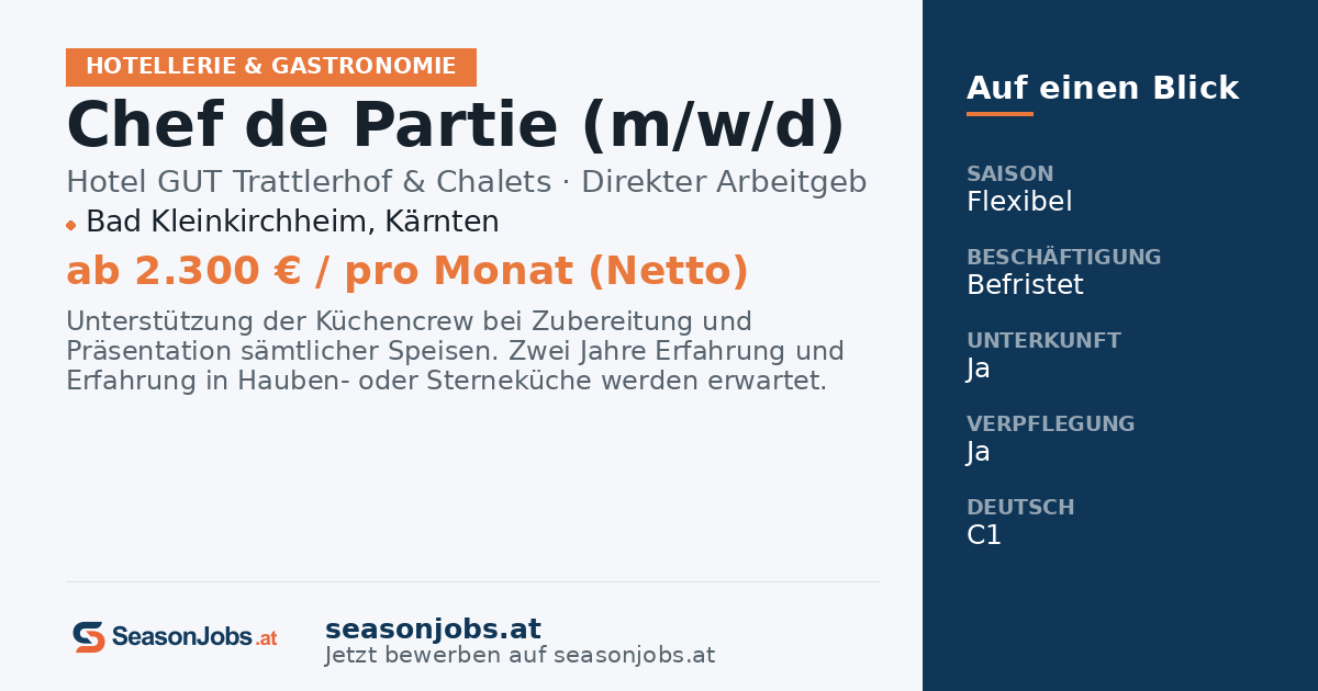 Chef de Partie (m/w/d) — Bad Kleinkirchheim, Kärnten