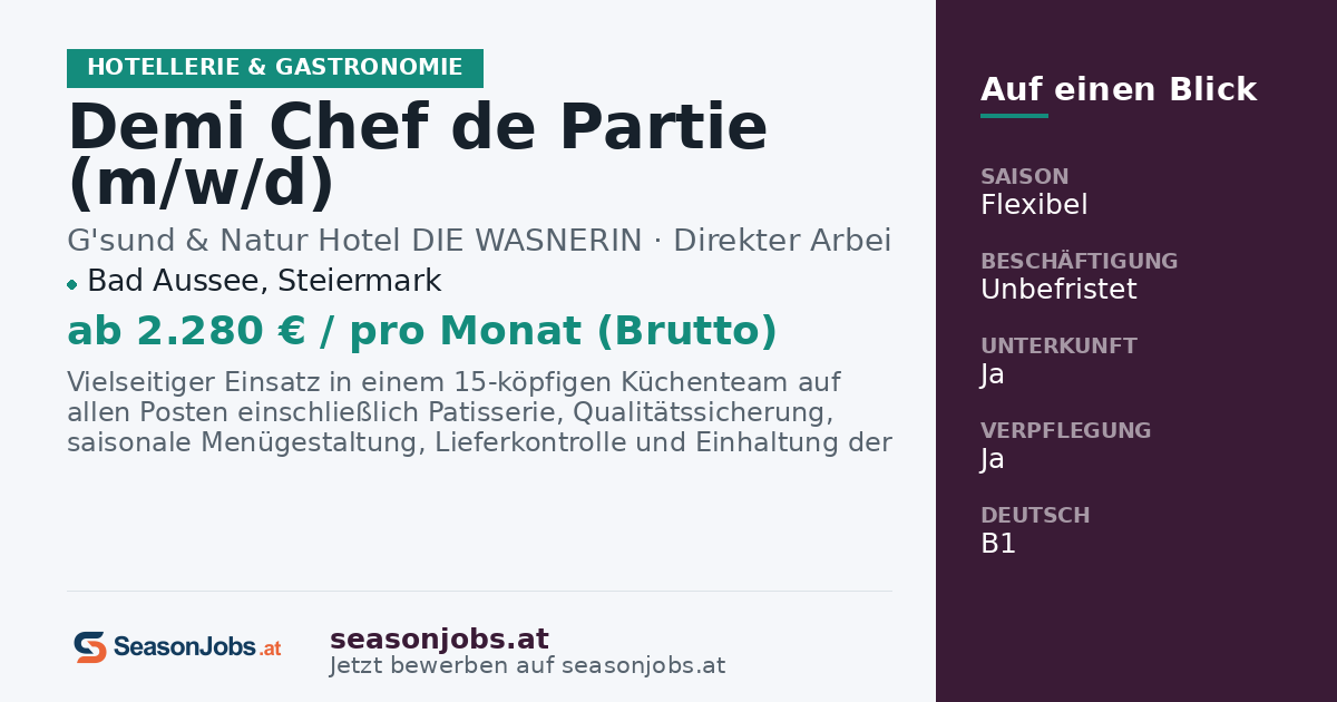 Demi Chef de Partie (m/w/d) — Bad Aussee, Steiermark