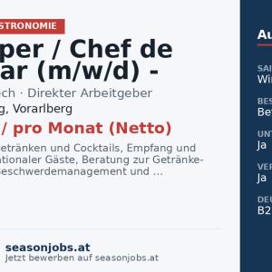 Barkeeper / Chef de Rang Bar (m/w/d) - Wintersaison 01.12.26 - 11.04.27 - € 2.350 netto; 48h/6 Tage Woche — Lech am Arlberg, Vorarlberg