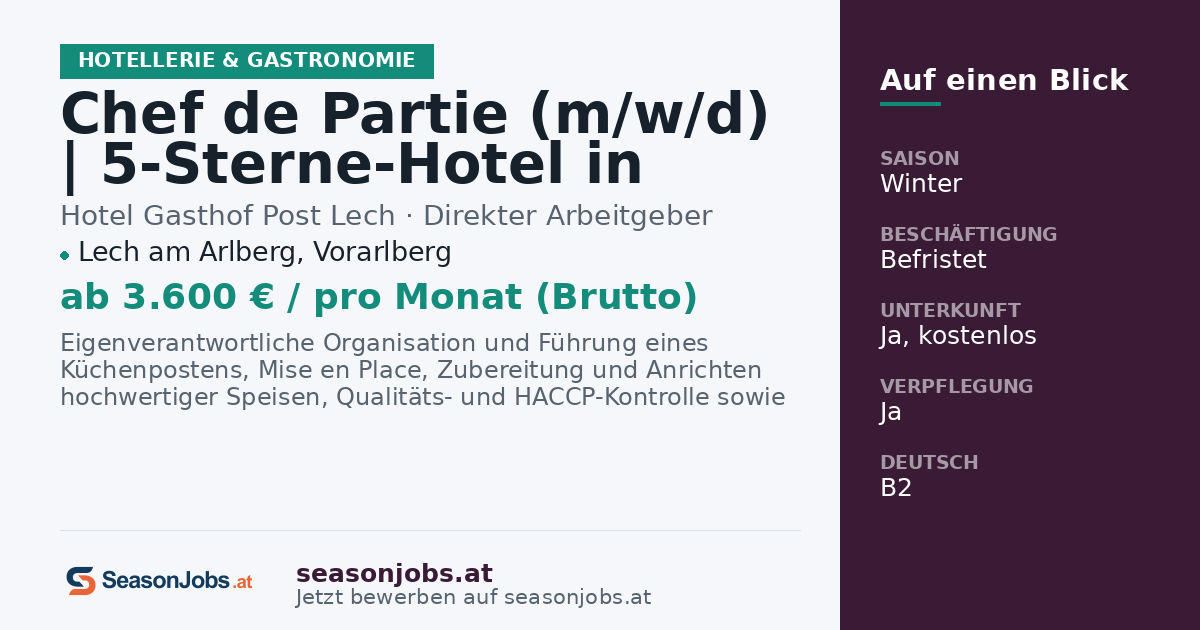 Chef de Partie (m/w/d) | 5-Sterne-Hotel in Lech am Arlberg | € 3.600 brutto — Lech am Arlberg, Vorarlberg