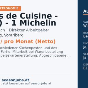 Commis de Cuisine - (m/w/d) - 1 Michelin Stern - € 2.150 netto - Wintersaison: 30.11.26 - 10.04.27 - 5 Tage Woche / 48 Stunden — Lech am Arlberg, Vorarlberg