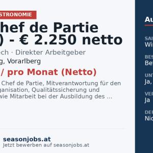 Demi Chef de Partie (m/w/d) - € 2.250 netto - Wintersaison: 30.11.26 - 10.04.27 - bei einer 5-Tage- / 48 Stunden-Woche — Lech am Arlberg, Vorarlberg