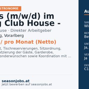 Hostess (m/w/d) im Arlberg Club House - Wintersaison: 27.11.2026 bis Ende April 2027 - € 2.200 netto - 6 Tage- / 48h-Woche — Lech am Arlberg, Vorarlberg