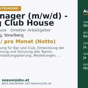 Bar Manager (m/w/d) - Arlberg Club House Restaurant & Margo's Bar & Club - Wintersaison 2026/27 - € 2.900 netto - 6 Tage Woche — Lech am Arlberg, Vorarlberg