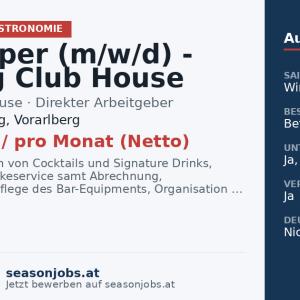Barkeeper (m/w/d) - Arlberg Club House Restaurant - Winter Season - € 2.350 netto - 6 Tage Woche — Lech am Arlberg, Vorarlberg