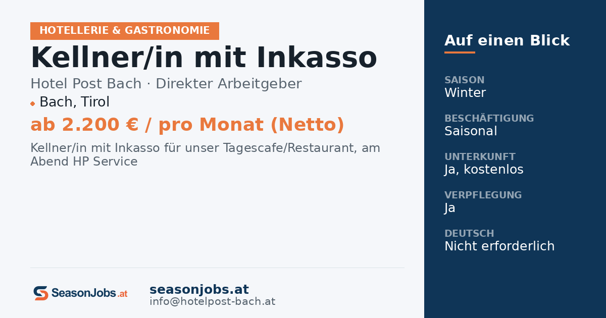 Kellner/in mit Inkasso — Bach, Tirol