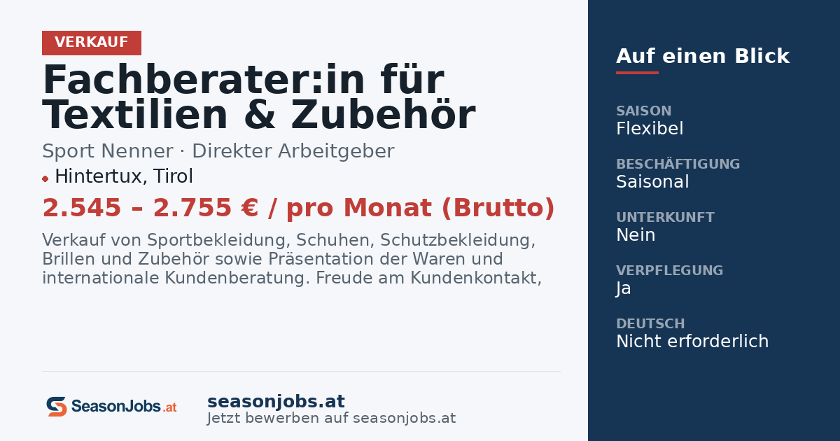 Fachberater:in für Textilien & Zubehör (m/w/d) — Hintertux, Tirol