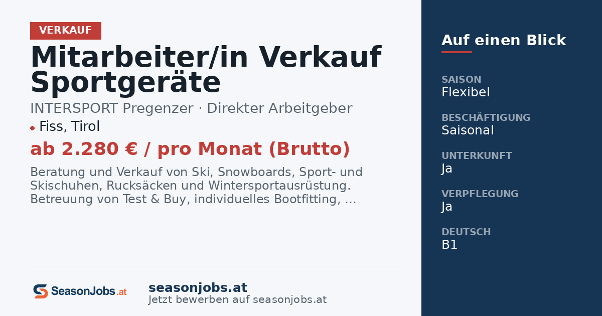 Mitarbeiter/in Verkauf Sportgeräte — Fiss, Tirol