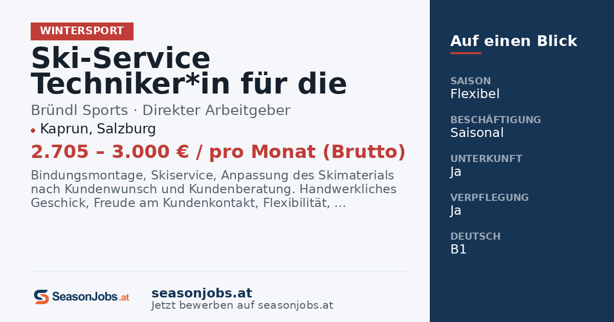Ski-Service Techniker*in für die Werkstatt (VZ/TZ), für Wintersaison 26/27 — Kaprun, Salzburg