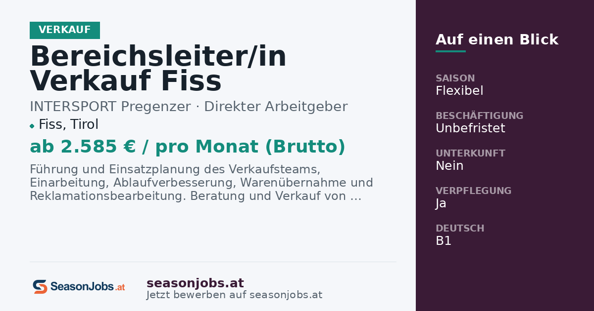 Bereichsleiter/in Verkauf Fiss — Fiss, Tirol
