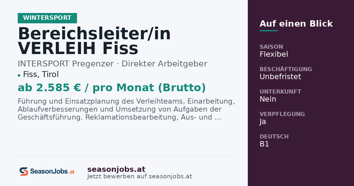 Bereichsleiter/in VERLEIH Fiss — Fiss, Tirol