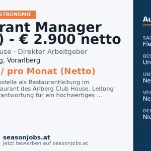 Restaurant Manager (m/w/d) - € 2.900 netto - ab November - Jahresstelle — Lech am Arlberg, Vorarlberg