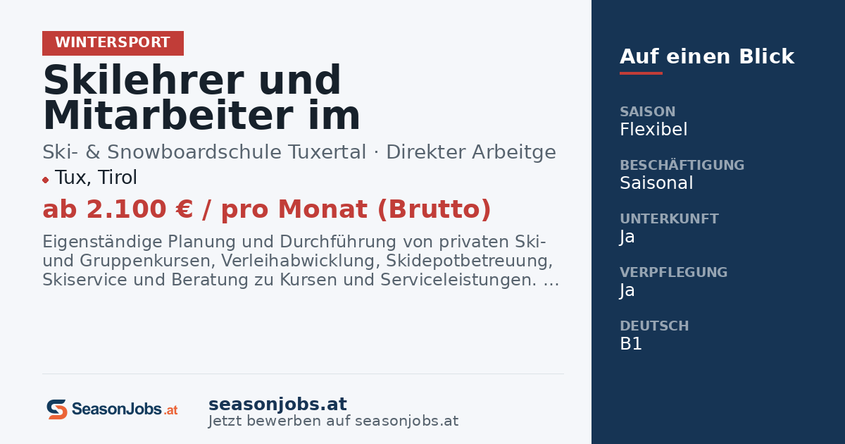 Skilehrer und Mitarbeiter im Skiverleih (m/w/d) im schönen Tuxertal - Kombistelle — Tux, Tirol