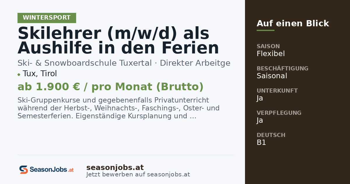 Skilehrer (m/w/d) als Aushilfe in den Ferien für die Saison 2026/27 — Tux, Tirol
