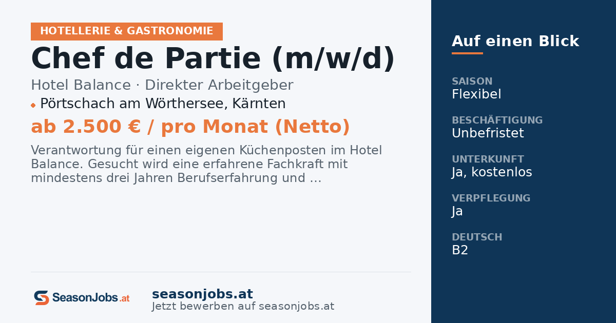 Chef de Partie (m/w/d) — Pörtschach am Wörthersee, Kärnten