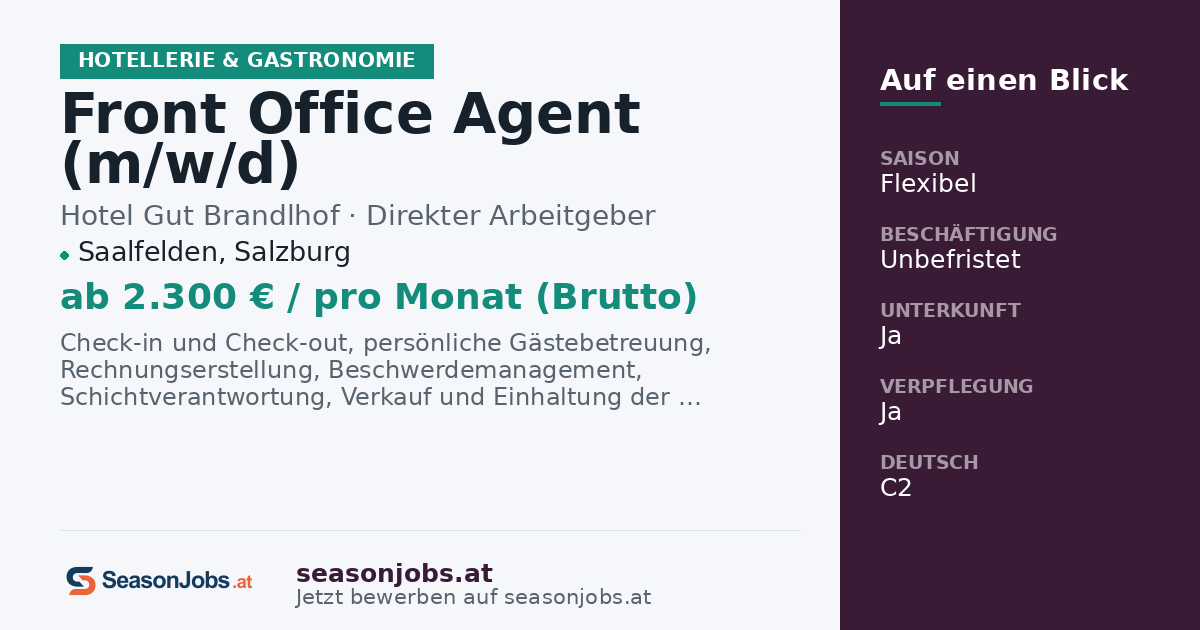 Front Office Agent (m/w/d) — Saalfelden, Salzburg