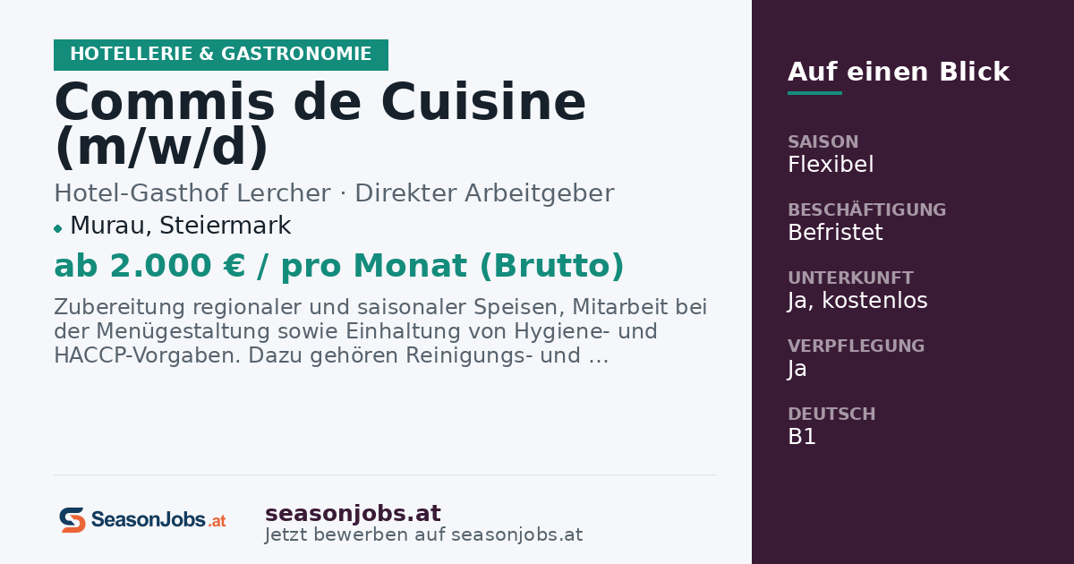Commis de Cuisine (m/w/d) — Murau, Steiermark