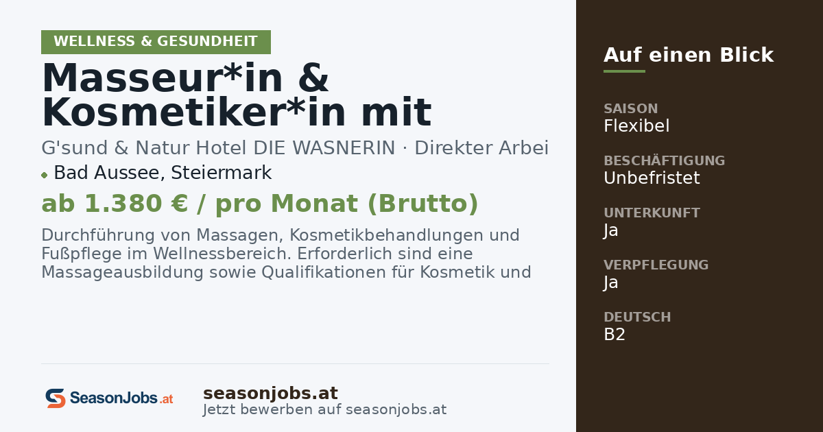 Masseur*in & Kosmetiker*in mit Fußpflege (m/w/d) — Bad Aussee, Steiermark