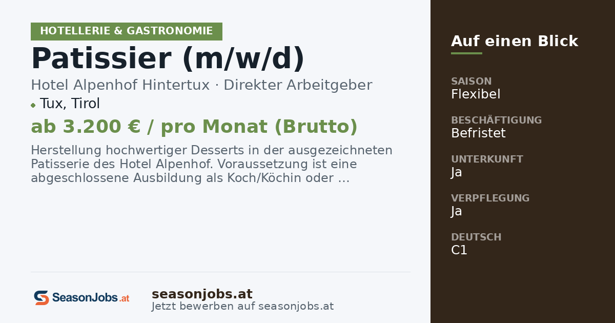Patissier (m/w/d) — Tux, Tirol