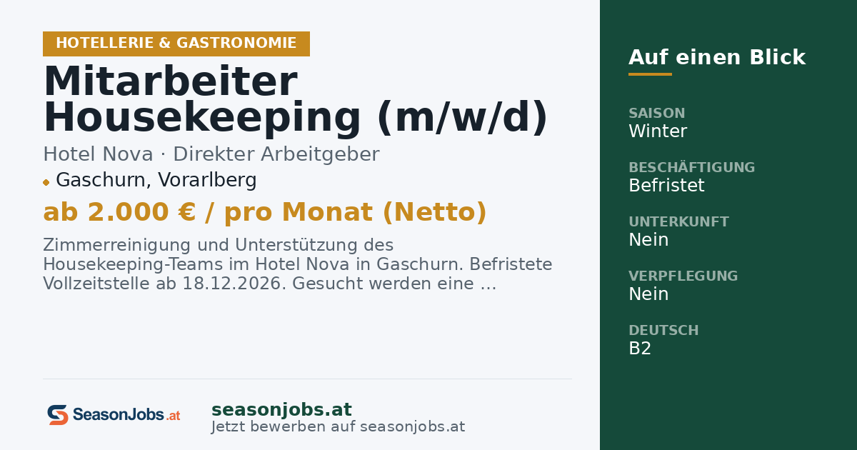 Mitarbeiter Housekeeping (m/w/d) — Gaschurn, Vorarlberg