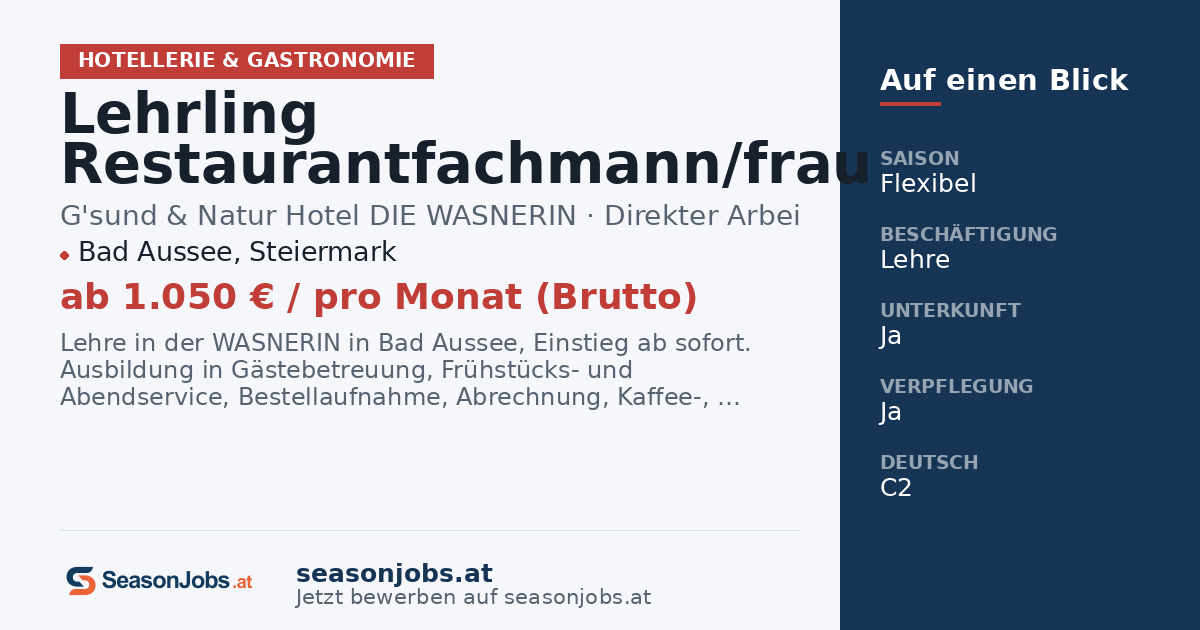 Lehrling Restaurantfachmann/frau (m/w/d) — Bad Aussee, Steiermark