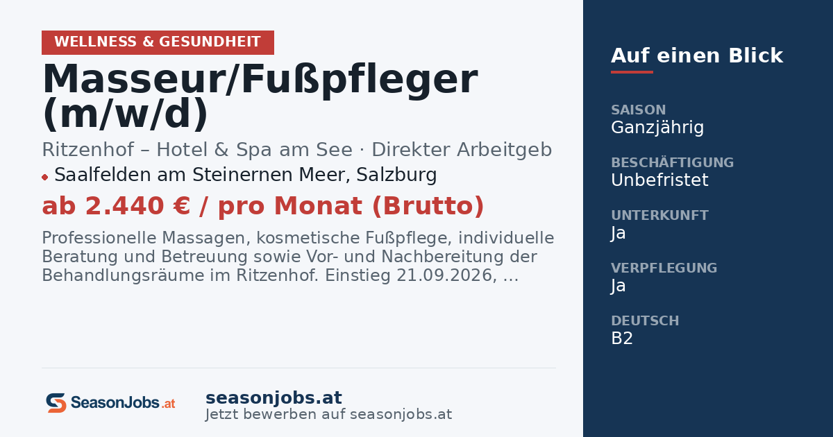 Masseur/Fußpfleger (m/w/d) — Saalfelden am Steinernen Meer, Salzburg