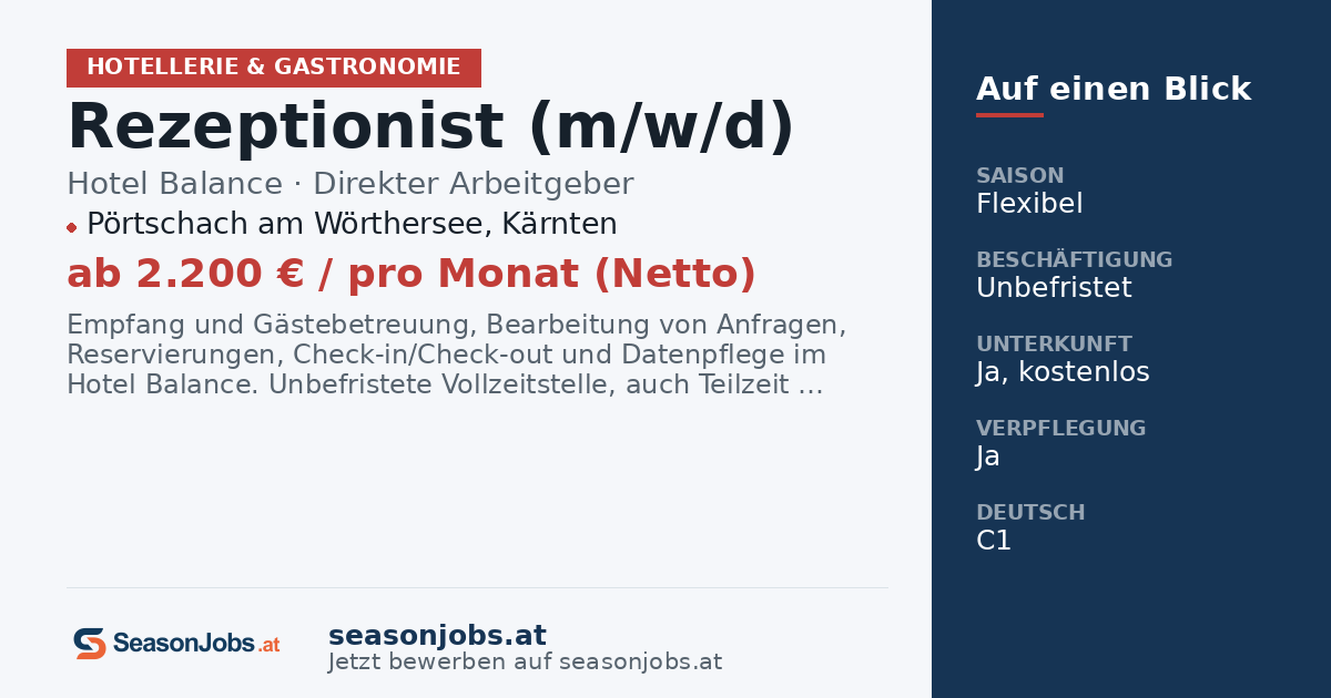 Rezeptionist (m/w/d) — Pörtschach am Wörthersee, Kärnten