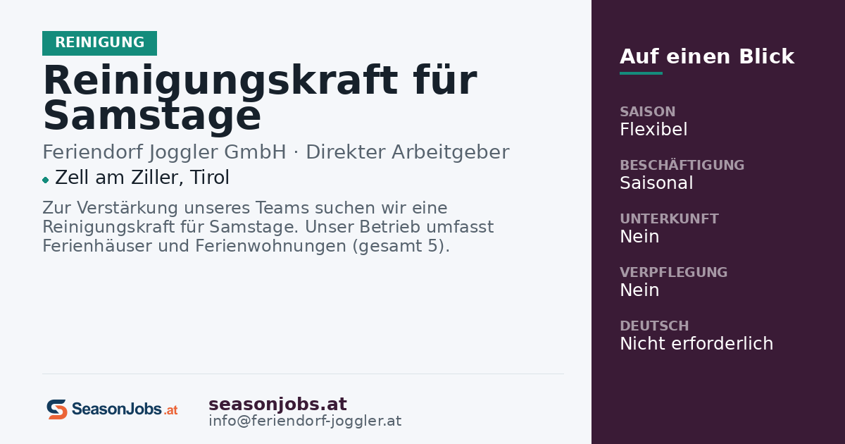 Reinigungskraft für Samstage — Zell am Ziller, Tirol