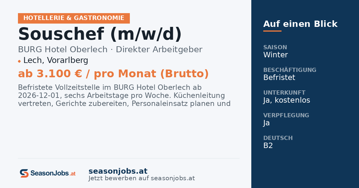 Souschef (m/w/d) — Lech, Vorarlberg
