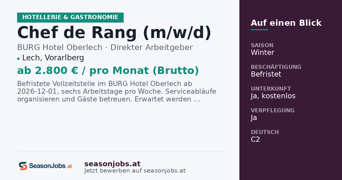 Chef de Rang (m/w/d) — Lech, Vorarlberg
