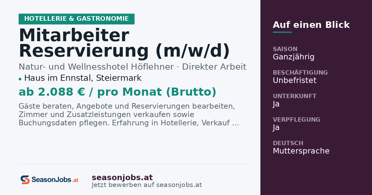 Mitarbeiter Reservierung (m/w/d) — Haus im Ennstal, Steiermark