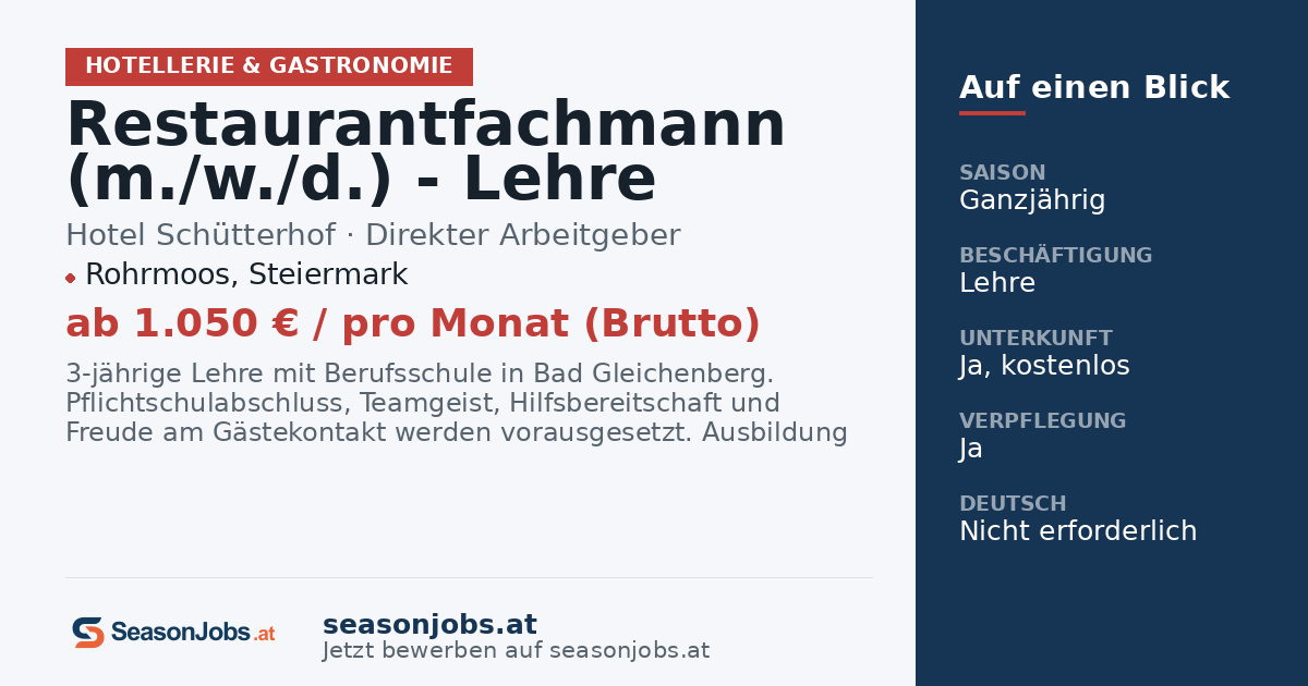 Restaurantfachmann (m./w./d.) - Lehre — Rohrmoos, Steiermark