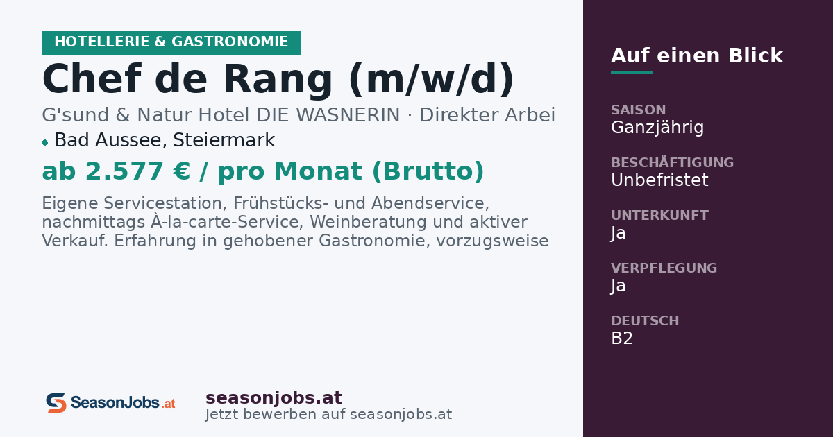 Chef de Rang (m/w/d) — Bad Aussee, Steiermark
