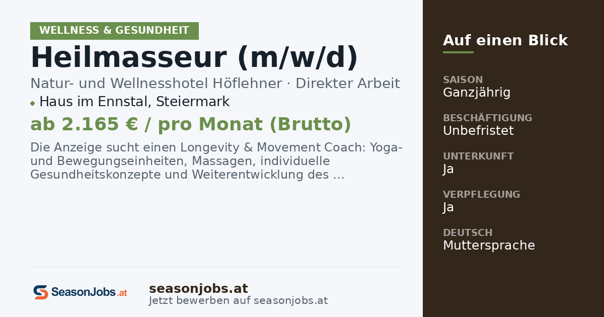 Heilmasseur (m/w/d) — Haus im Ennstal, Steiermark
