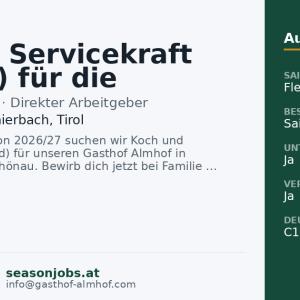 Koch & Servicekraft (m/w/d) für die Wintersaison 2026/27 — Wildschönau-Thierbach, Tirol