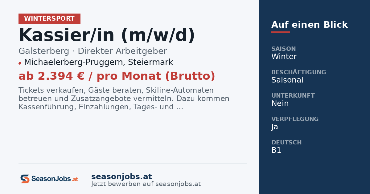 Kassier/in (m/w/d) — Michaelerberg-Pruggern, Steiermark