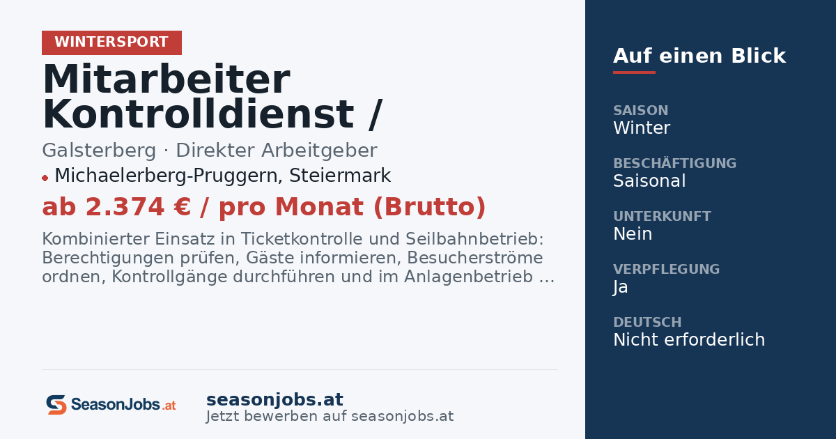 Mitarbeiter Kontrolldienst / Seilbahnbediensteter (m/w/d) — Michaelerberg-Pruggern, Steiermark