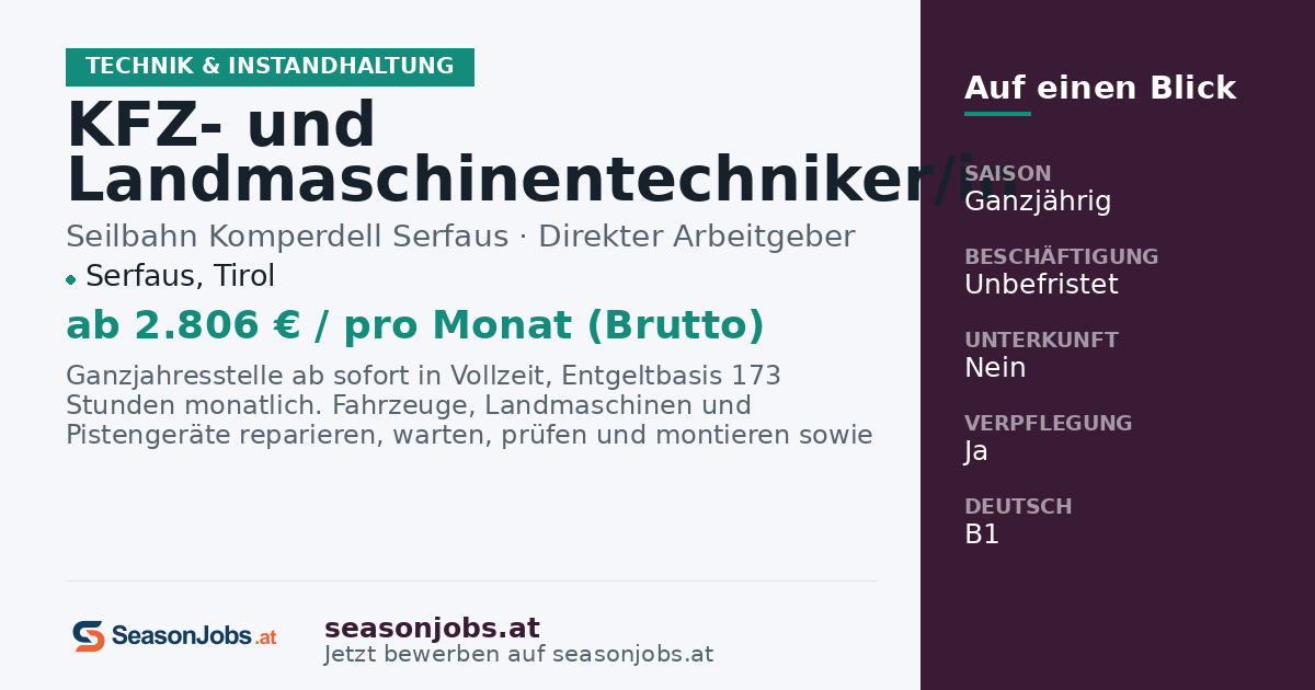 KFZ- und Landmaschinentechniker/in (m/w/d) — Serfaus, Tirol