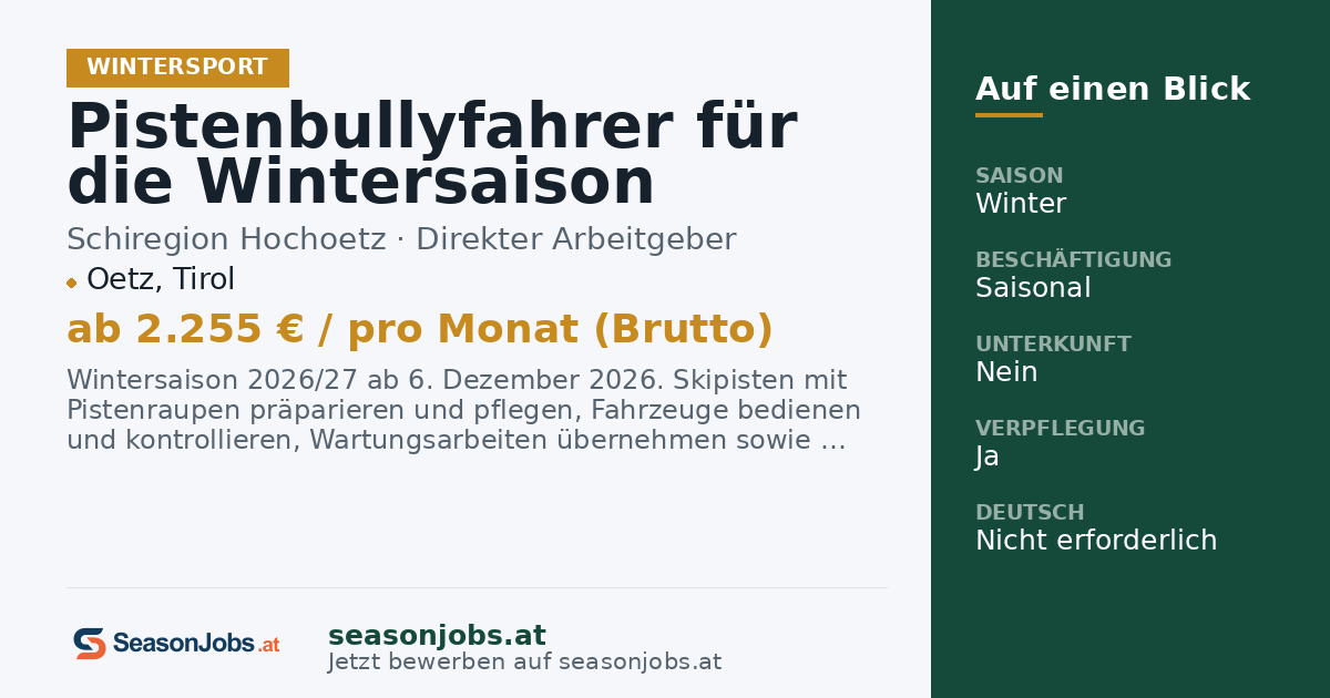 Pistenbullyfahrer für die Wintersaison 2026/27 (m/w/d) — Oetz, Tirol