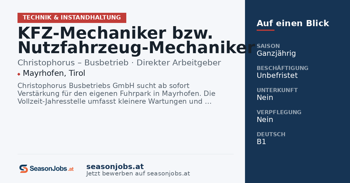 KFZ-Mechaniker bzw. Nutzfahrzeug-Mechaniker in Mayrhofen (m/w/d) — Mayrhofen, Tirol