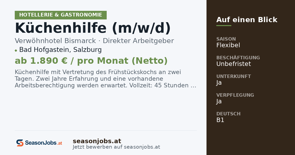 Βοηθός κουζίνας (m/w/d) — Bad Hofgastein, Salzburg