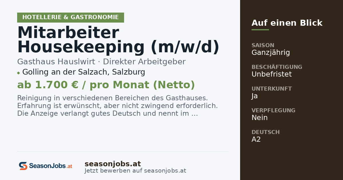 Υπάλληλος Housekeeping (m/w/d) — Golling an der Salzach, Salzburg
