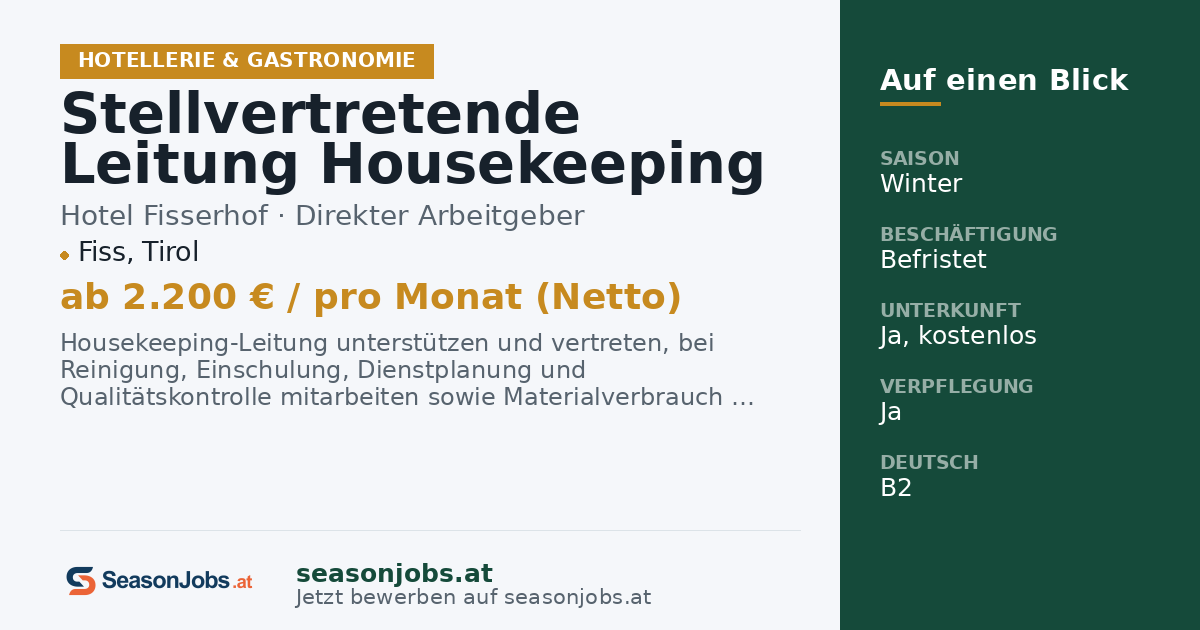 Αναπληρωτής Διευθυντής Housekeeping (m/w/d) — Fiss, Tirol