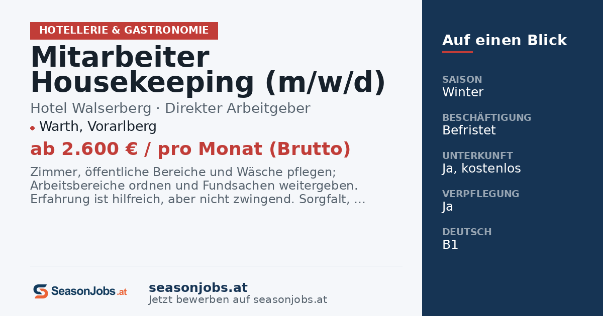 Mitarbeiter Housekeeping (m/w/d) — Warth, Vorarlberg