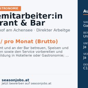 Servicemitarbeiter:in Restaurant & Bar (m/w/d) — Pertisau, Tirol