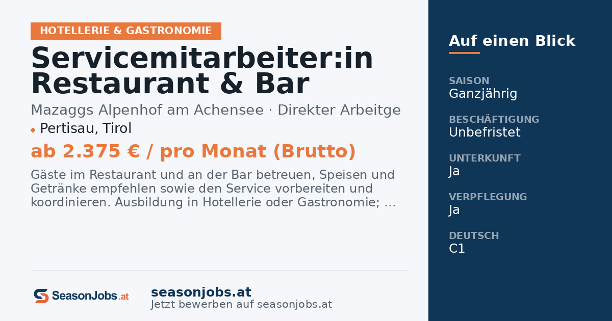 Servicemitarbeiter:in Restaurant & Bar (m/w/d) — Pertisau, Tirol